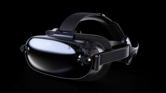 时尚的黑色 VR 耳机，右侧带有复制空间，与 3D 渲染的深色背景相对应