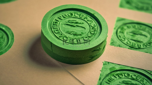 纸张背景上的绿色印章生物材料材料与橡皮图章 3d 渲染