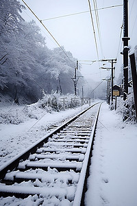 孤独颂歌背景图片_一组铁轨被雪和电线杆覆盖
