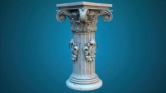 蓝色背景上带有资本的孤立古希腊柱的 3D 模型渲染