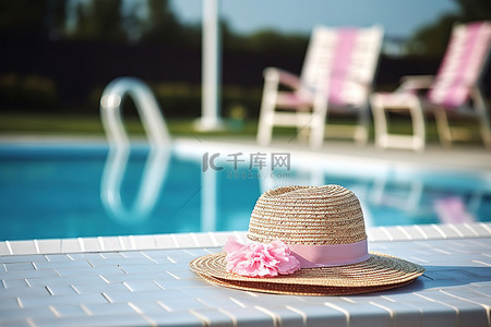 日光庭院背景图片_泳池边的桌子上放着一顶草帽