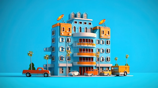 商业地产背景图片_3D 渲染的卡通酒店建筑和蓝色背景下的抽象玩具