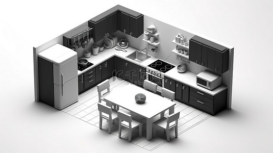 图标装饰背景图片_等距厨房的单色 3D 图标，配有冰箱和餐桌