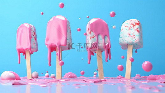 粉色棒冰淇淋在柔和的蓝色背景上融化的创意 3D 插图，带有夏季图案