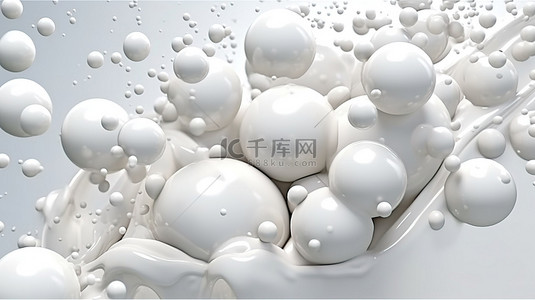 液体气泡液滴背景图片_3D 抽象插图彩色球潜入乳白色液体与泡沫淋浴