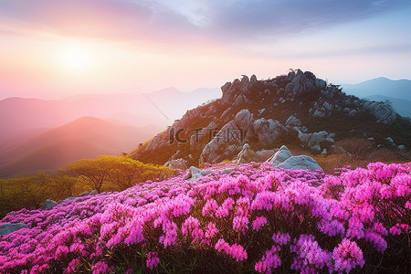 日落时山上覆盖着粉红色的花朵