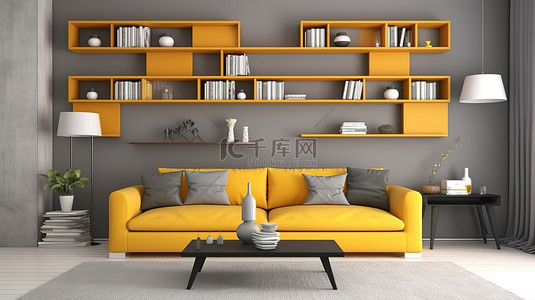 灰色家具的客厅装饰有引人注目的黄色色调 3D 渲染的几何形状