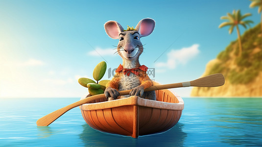 动物袋鼠背景图片_有趣的袋鼠卡通在船上航行