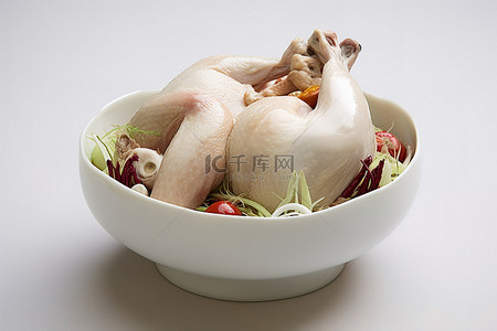 新年唐装背景图片_一个白色的碗，里面装有生鸡肉和蔬菜