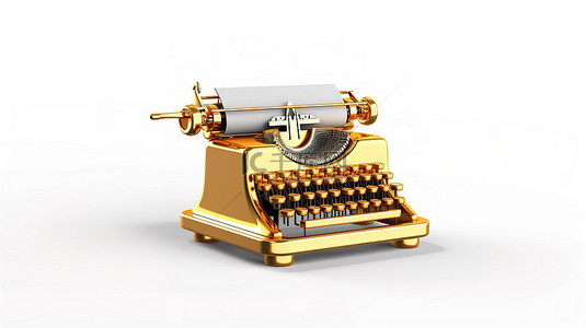 复古打字机和金奖奖杯白色背景的获奖作家概念3D 渲染