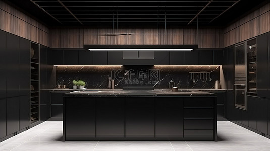 带有木质装饰的现代黑色厨房 3D 渲染室内设计