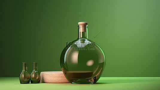 葡萄酒。酒杯背景图片_在充满活力的杵背景上准备好酒精瓶的 3D 渲染模型