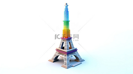 以像素艺术设计描绘的埃菲尔铁塔，以 3D 技术创建的白色背景为背景