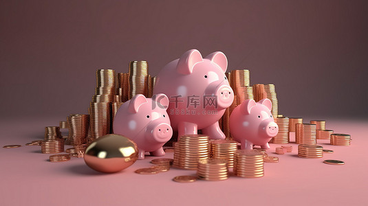 购物金币背景图片_金币堆放在粉红色的存钱罐中 3D 渲染的购物概念