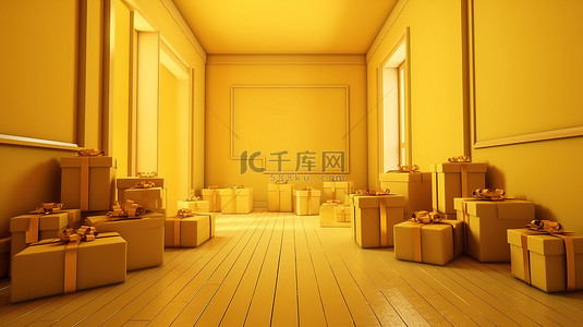 红气球背景背景图片_在充满活力的黄色房间里捕捉到的闪闪发光的金色礼盒