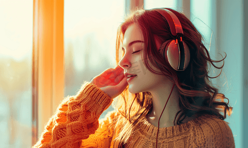 冬季美女摄影照片_穿着毛衣的美女带耳机听音乐