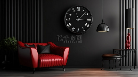 老式时钟背景图片_时尚的黑色和红色扶手椅，搭配深色优雅的内饰，配有永恒的时钟 3D 模型