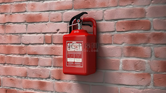 防水标志背景图片_壁挂式应急储物箱，配有红色灭火器，以砖墙 3D 渲染为背景