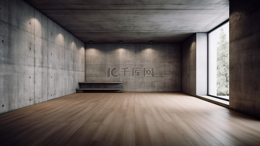 宽敞房间的虚拟设计，拥有光滑的混凝土墙和温暖的木地板