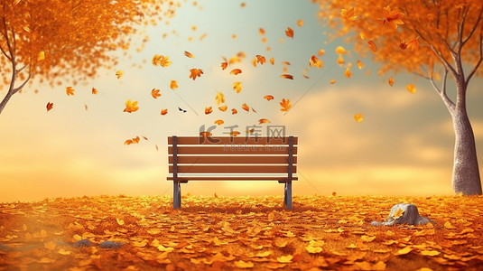 3D 景观中秋叶飘落中的宁静长凳