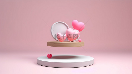 情人节庆祝活动 3d 渲染心形装饰领奖台展示与粉红色球