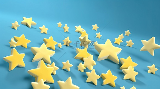 孤立的蓝色背景与白云和黄色星星在 3d 渲染