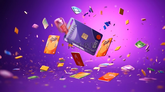 3D 渲染信用卡的插图，周围是紫色背景上的浮动硬币，强调无现金社会和省钱概念