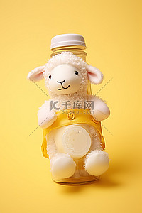 黄色填充背景图片_黄色背景中从瓶子里喂食的填充羔羊