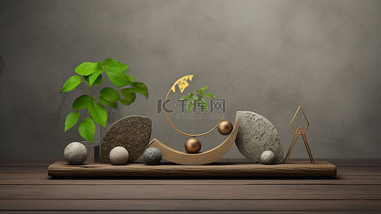 生态平衡的 3D 插图，以灰色木质背景上的生态友好符号为特色