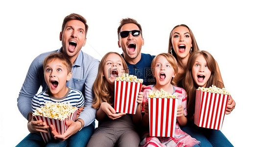 一家人戴着 3D 眼镜，在白色背景电影院看电影时敬畏地拿着爆米花桶