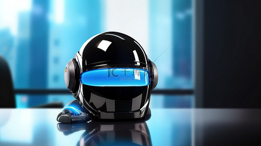 现代 VR 头盔和操纵杆在光滑桌子上的 3D 渲染，说明虚拟现实和元宇宙概念