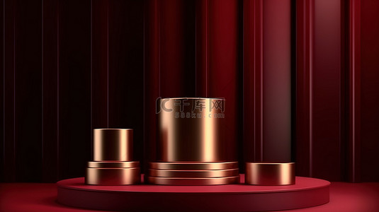 展台红背景图片_豪华深红色产品的垂直 3D 显示在金线装饰的圆柱讲台上，配有优雅的壁纸