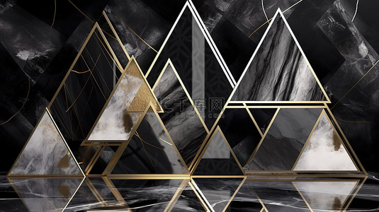 3D 抽象壁画壁纸中的金色几何三角形，配有黑色和灰色大理石和粗线条