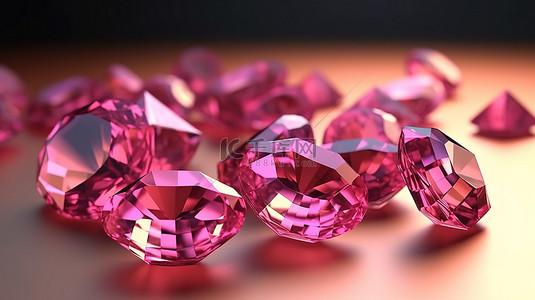 各种宝石形状的碧玺石的 3D 渲染，具有可爱的粉红色色调