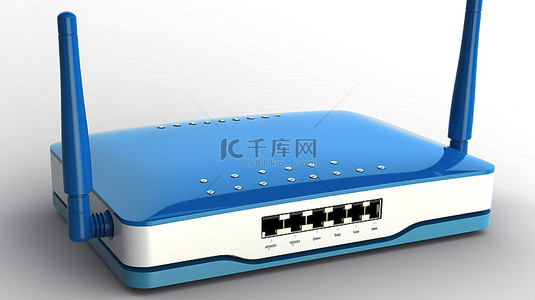 无线网络 3D 渲染路由器，在干净的白色背景上带有蓝色 wi fi 图标