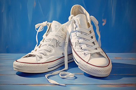 一双白色匡威运动鞋坐在蓝色地板上