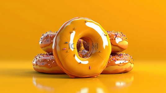 充满活力的黄色背景上形状像字母的釉面甜甜圈的 3D 插图
