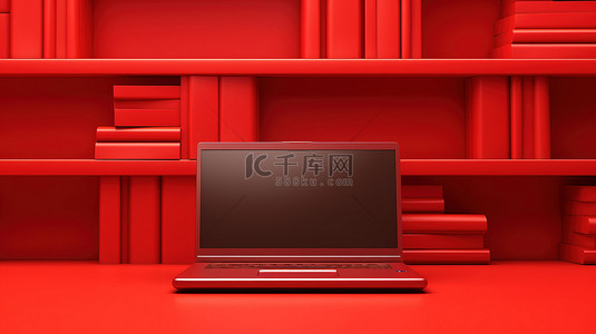 红色办公背景图片_红色架子背景横幅上显示的笔记本电脑的 3D 插图