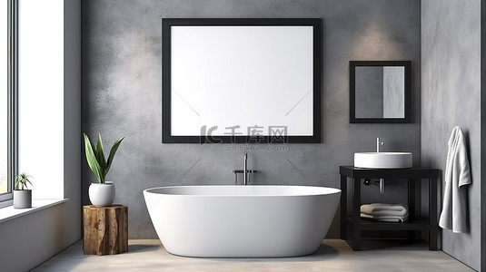 现代浴室的 3D 渲染，配有浴缸装饰混凝土墙和自然阳光阴影，展示相框模型