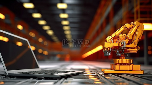操作工业机器人背景图片_使用笔记本电脑操作的 3D 机器人呈现的工厂自动化