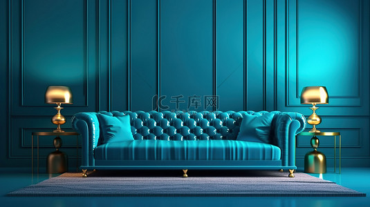 蓝色沙发沙发背景图片_金色的桌子和蓝色的沙发在令人惊叹的 3D 渲染室内