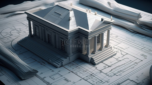 3D 渲染中古典房屋顶部有未完成部分的蓝图
