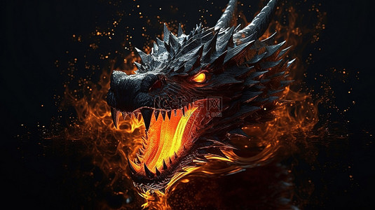 3d 渲染一条现实的龙在黑色背景的反射表面上喷火