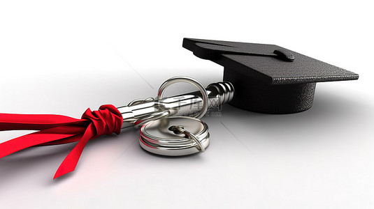 3D 渲染中白色背景上教育毕业帽子和钥匙的符号表示