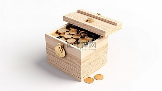 卡通雨背景图片_盒子里一枚硬币的插图，以 3D 呈现，并在白色背景上隔离，这是捐赠储蓄和钱罐的象征