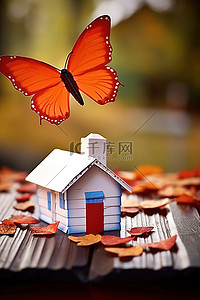 邮箱签名背景图片_信封放在桌子上，上面有一只蝴蝶和红色的房子