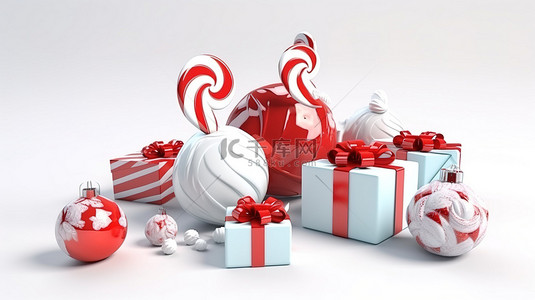 白色背景下 3D 渲染中异想天开的小玩意袜子礼品盒和糖果手杖