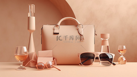 奢侈包背景图片_别致的时尚必需品，一袋太阳镜和香水，以柔和的米色背景呈现，令人惊叹的 3D 渲染
