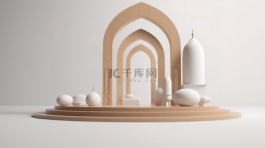 白色背景伊斯兰展示架的 3D 渲染