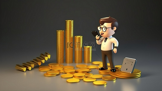 收入管理背景图片_使用电话设备金币和图形概念从事金融业务的男性角色的 3D 渲染